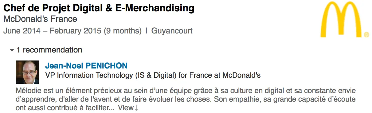LinkedIn montrant le lien de recommandation entre Penichon et Josset